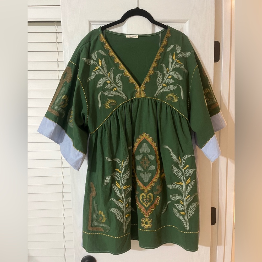Sunday Up Green and Rust Embroidered textured fabric dress
